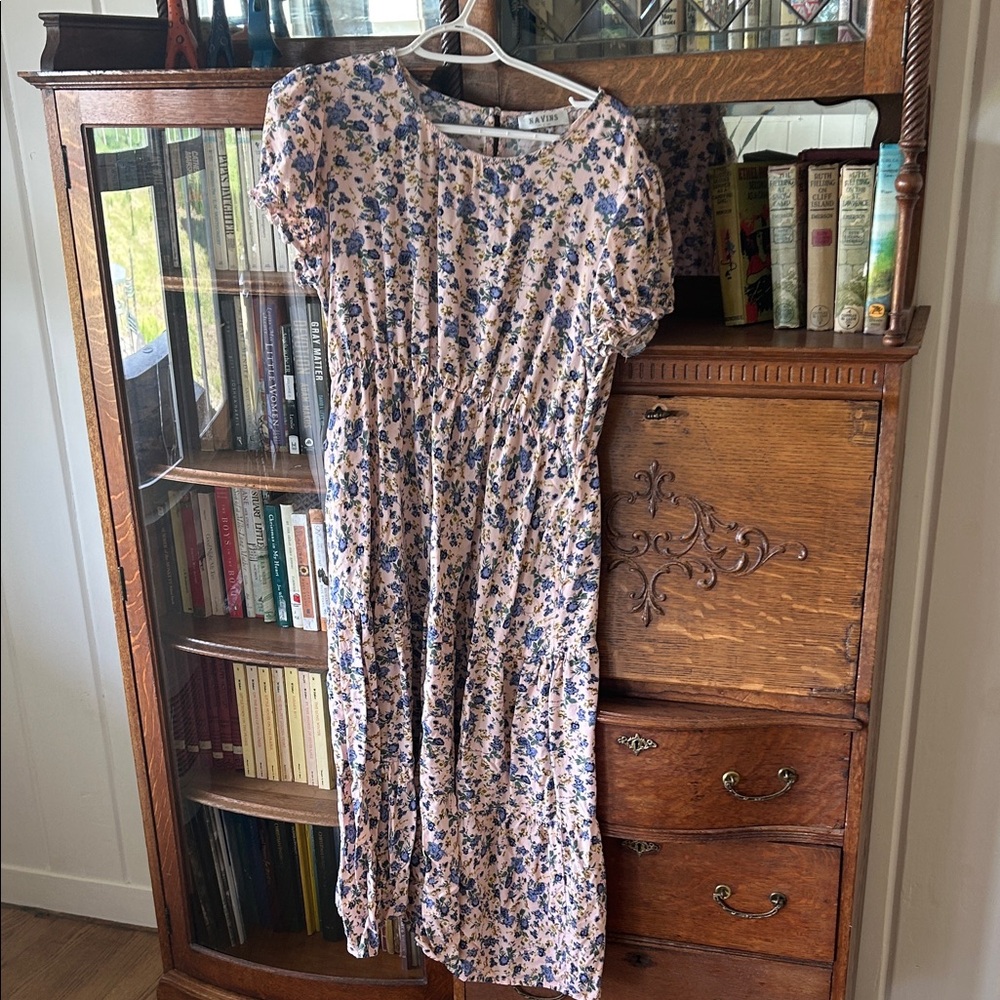 Women's Pink Floral Midi Dress with Blue Accents Sz Large